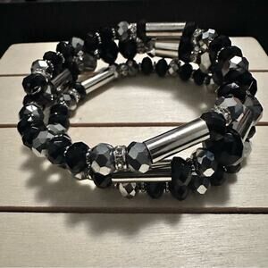 Black Silver Beaded Wrap Bracelet Chunky